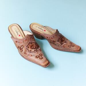 Vintage Luchiny Pointed Western Beaded Boho Cowboy Heeled Mule Boot Womens 7